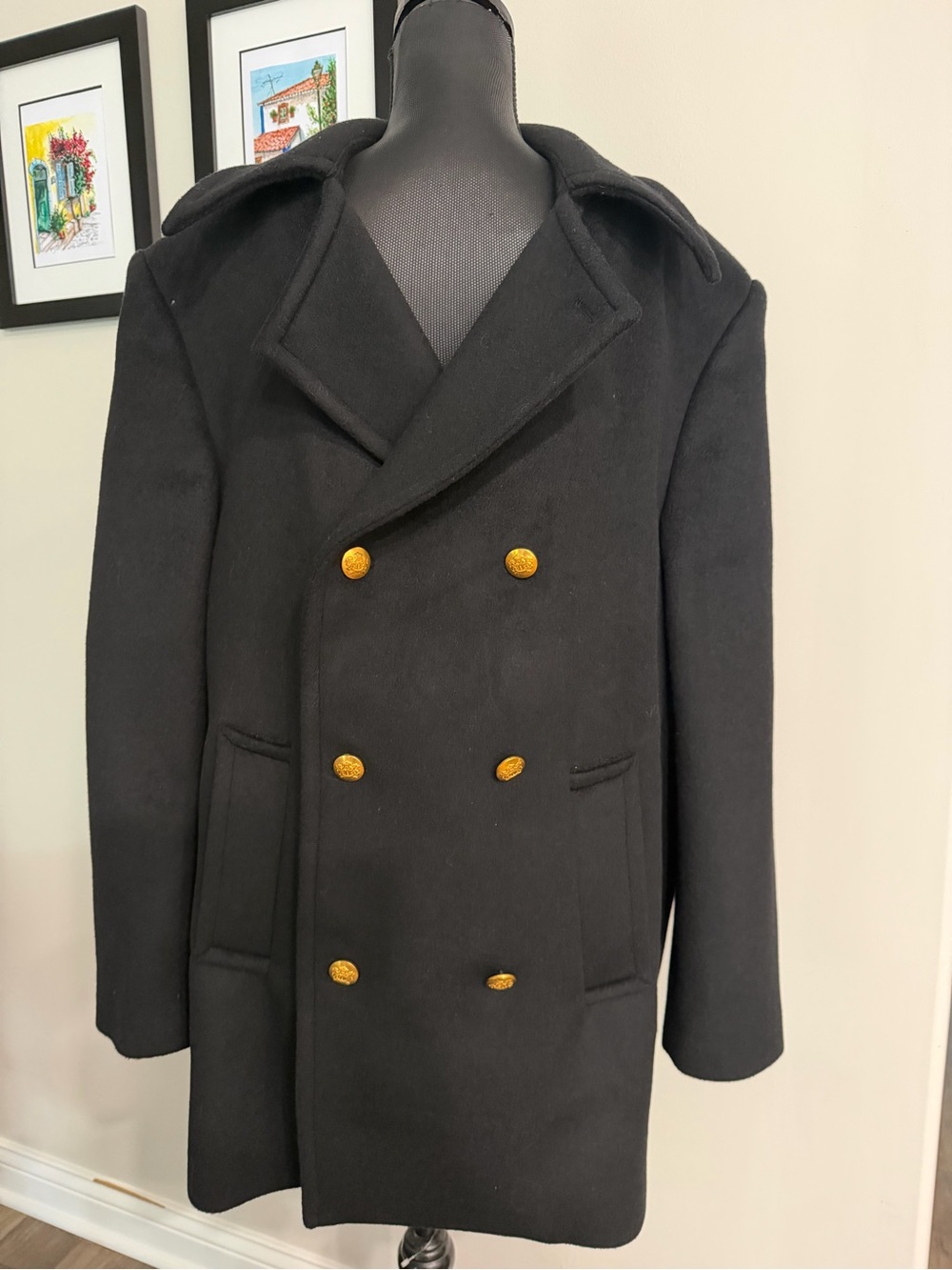 NWT BLK DNM Men’s Dark Navy Double-Breasted Pea Coat with Gold Buttons Size 52